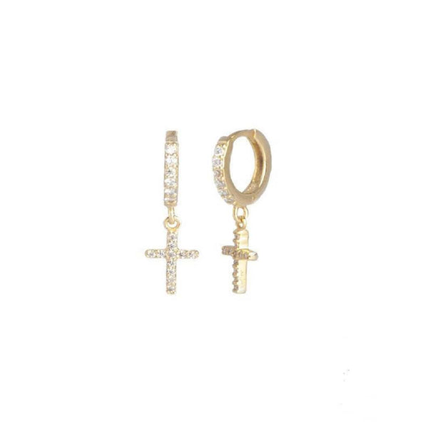 Pair of 925 Sterling Silver Gold PVD Diamond CZ Cross Dangle Minimal Hoops - Pierced Universe