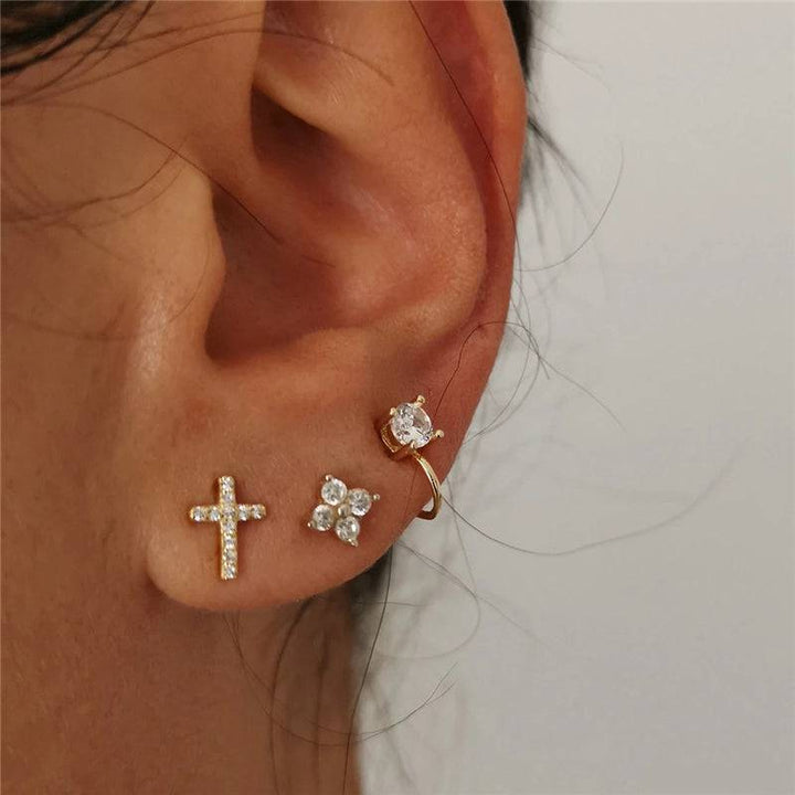 Pair Of 925 Sterling Silver Gold PVD Medium White CZ Cross Minimal Stud Earrings - Pierced Universe