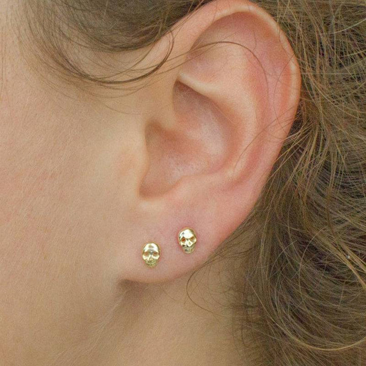 Pair Of 925 Sterling Silver Gold PVD Skull Stud Minimal Earrings - Pierced Universe