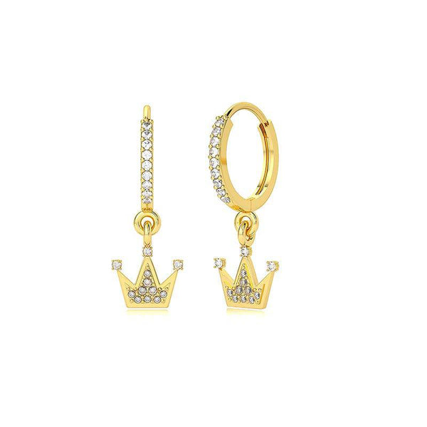 Pair Of 925 Sterling Silver Gold PVD White CZ Crown Dangle Minimal Hoop Earrings - Pierced Universe