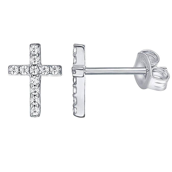 Pair Of 925 Sterling Silver Medium White CZ Cross Minimal Stud Earrings - Pierced Universe
