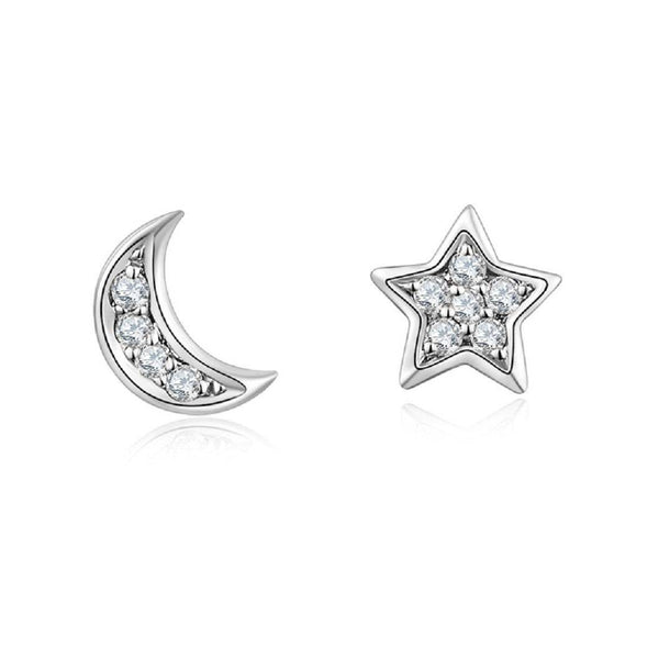 Pair of 925 Sterling Silver Medium White CZ Star & Moon Minimal Earrings - Pierced Universe