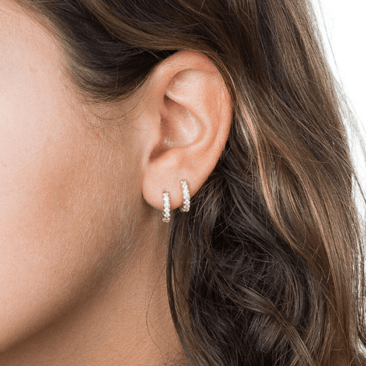Pair of 925 Sterling Silver White CZ Gem Minimal Hinged Huggy Hoop Earrings - Pierced Universe