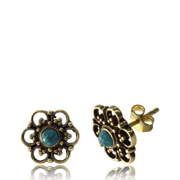 Pair of Brass Lotus Flower Earrings with Turquoise Centre - Pierced Universe