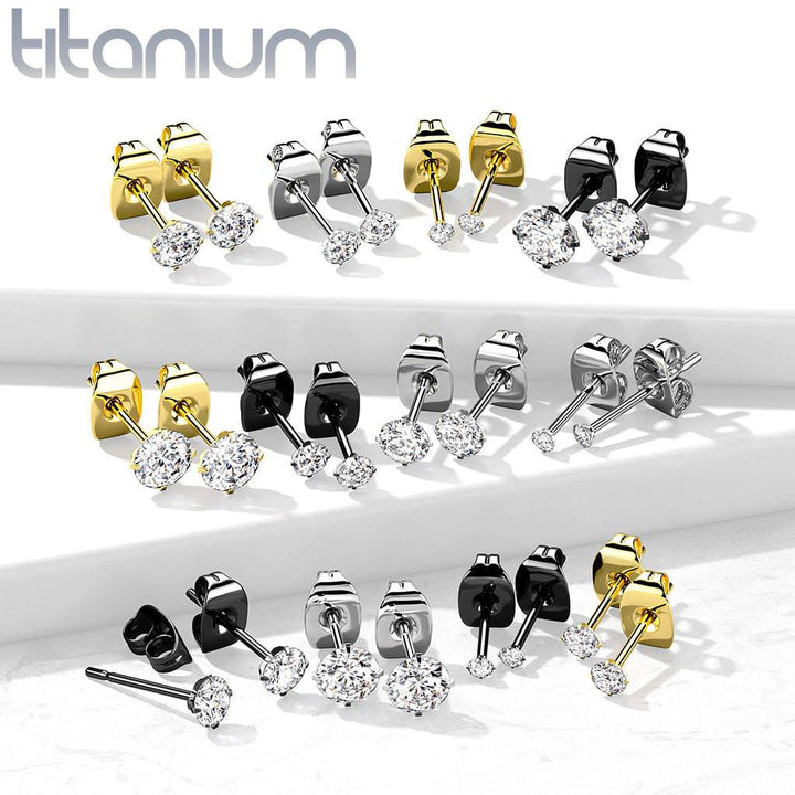 Pair Of Implant Grade Titanium Gold PVD White CZ Stud Earrings - Pierced Universe