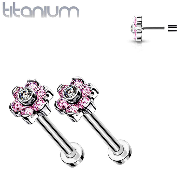 Pair of Implant Grade Titanium Threadless Pink CZ Flower Earring Studs with Flat Back - Pierced Universe