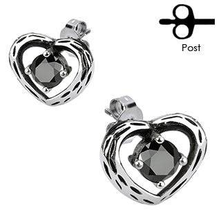 Pair of Stainless Steel Black CZ Heart Tribal Stud Earrings - Pierced Universe