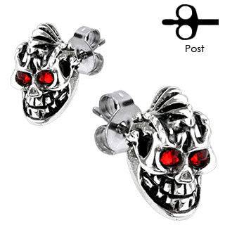 Pair of Stainless Steel Red CZ Gem Eyes Skull Earrings Studs - Pierced Universe