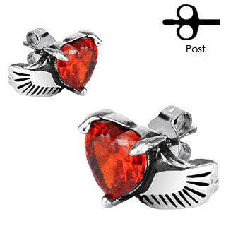 Pair of Stainless Steel Red CZ Heart with Wings Stud Earrings - Pierced Universe