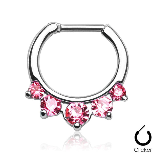 Prong Set 5 Gem Pink CZ 316L Surgical Steel Bar Septum Ring Clicker - Pierced Universe