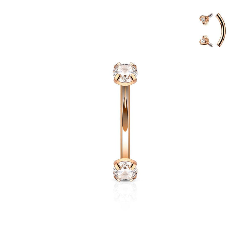 Rose Gold IP Surgical Steel Internally Threaded CZ Curved Barbell - Pierced Universe