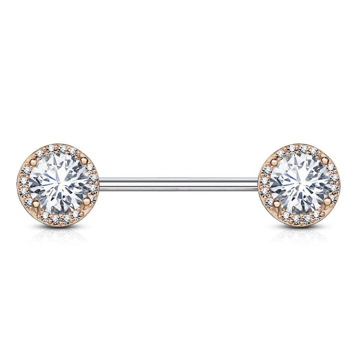 Rose Gold Plated Surgical Steel CZ Centre Pave Nipple Ring Barbell - Pierced Universe