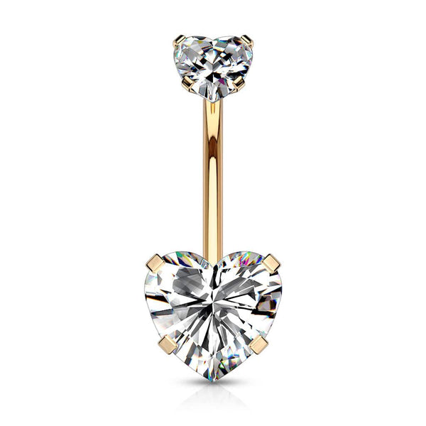 Rose Gold Plated Surgical Steel Double Heart White CZ Gem Belly Button Ring - Pierced Universe