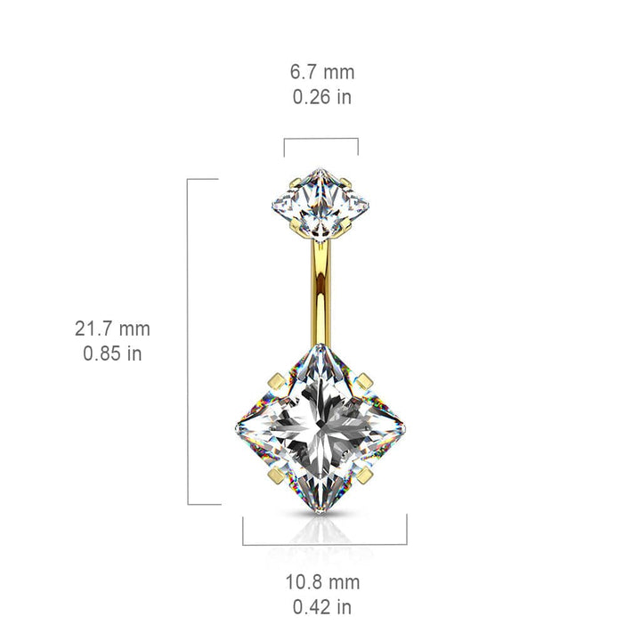 Rose Gold Plated Surgical Steel Double Square White CZ Gem Belly Button Ring - Pierced Universe