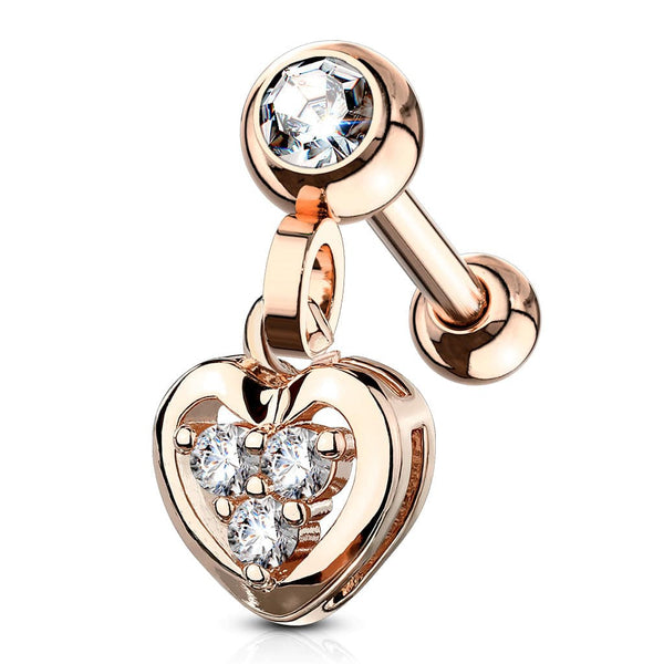 Rose Gold Plated Surgical Steel Heart CZ Dangle Cartilage Ring - Pierced Universe
