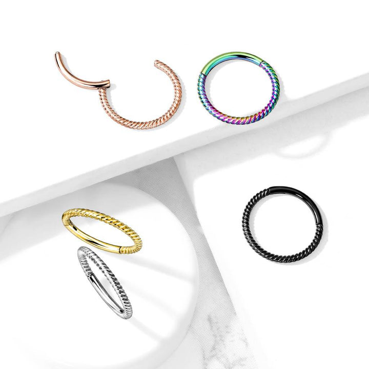 Rose Gold Plated Surgical Steel Multi Use Braided Twisted Hinged Hoop Ring Clicker - Pierced Universe