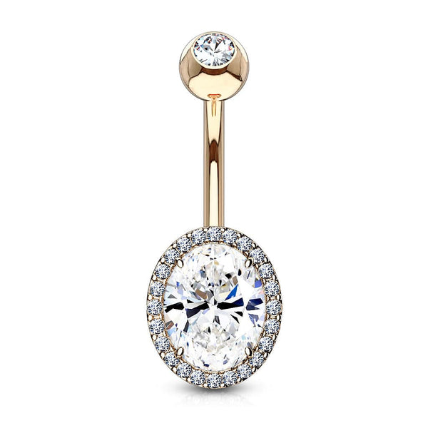 Rose Gold Plated Surgical Steel Oval Pave White CZ Belly Ring - Pierced Universe