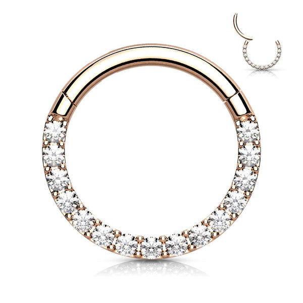 Rose Gold Plated Surgical Steel Paved CZ Hinged Septum Ring Clicker - Pierced Universe