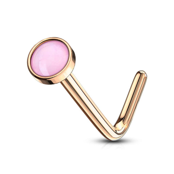 Rose Gold Plated Surgical Steel Pink Stone L Shape Bent Nose Pin Ring - Pierced Universe