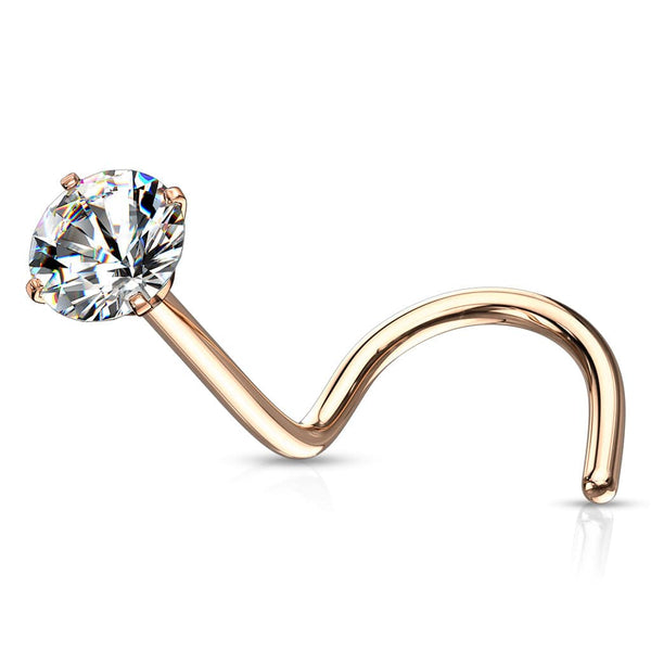 Gold PVD over Surgical Steel White Round CZ Prong Gem Corkscrew Nose Ring Stud Gold PVD over Surgical Steel White Round CZ Prong Gem Corkscrew Nose Ring Stud