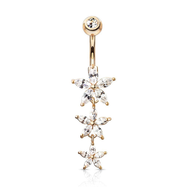 Rose Gold PVD Surgical Steel 3 White CZ Flower Dangle Belly Ring - Pierced Universe