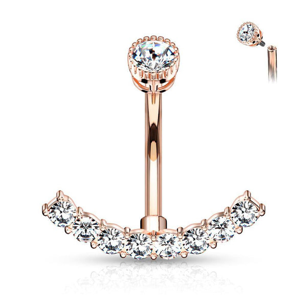 Rose Gold PVD Surgical Steel Internally Threaded Belly Ring with White CZ Curved Bottom - Pierced Universe