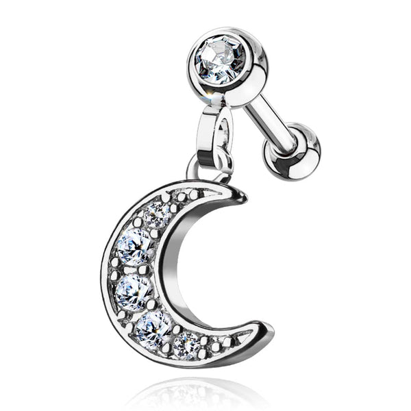 Surgical Steel Ball Back Crescent Moon White CZ Dangle Cartilage Ring - Pierced Universe