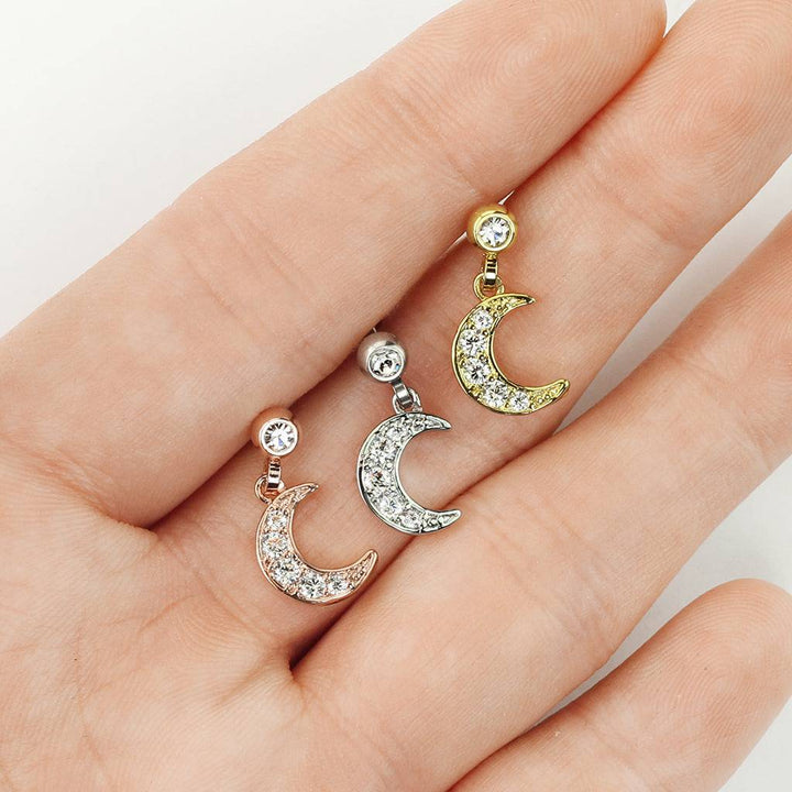 Surgical Steel Ball Back Crescent Moon White CZ Dangle Cartilage Ring - Pierced Universe