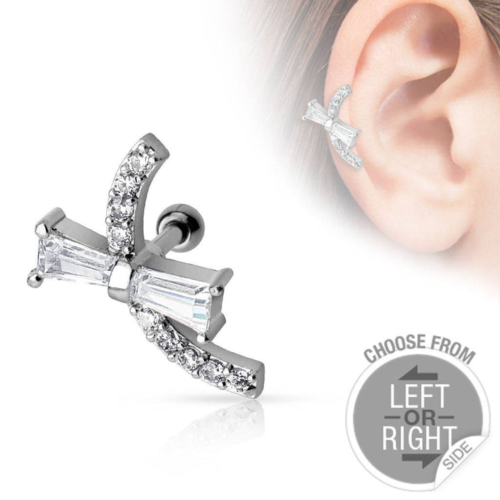 Surgical Steel Barbell with CZ Baguette Ribbon Bow Ear Cartilage Stud - Pierced Universe