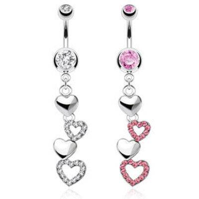 Surgical Steel Belly Button Navel Ring Bar with Dangling CZ Gem Cascading Hearts - Pierced Universe