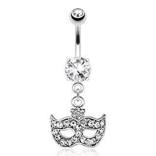 Surgical Steel Belly Button Navel Ring Bar with Dangling White CZ Drama Theater Masquerade Ball Mask - Pierced Universe