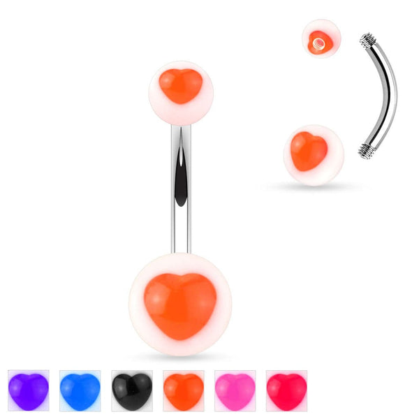 Surgical Steel Belly Ring Bar with Acrylic UV Heart Balls - Pierced Universe