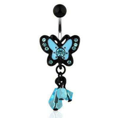 Surgical Steel Black & Blue Dangling Beaded CZ Butterfly Belly Button Navel Ring - Pierced Universe