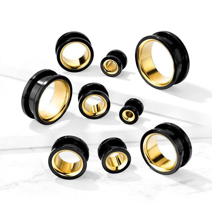 Surgical Steel Black PVD Screw on Tunnels with Gold Interior - Pierced Universe