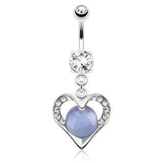 Surgical Steel Dangling Blue Cat`s Eye Heart Belly Button Ring - Pierced Universe