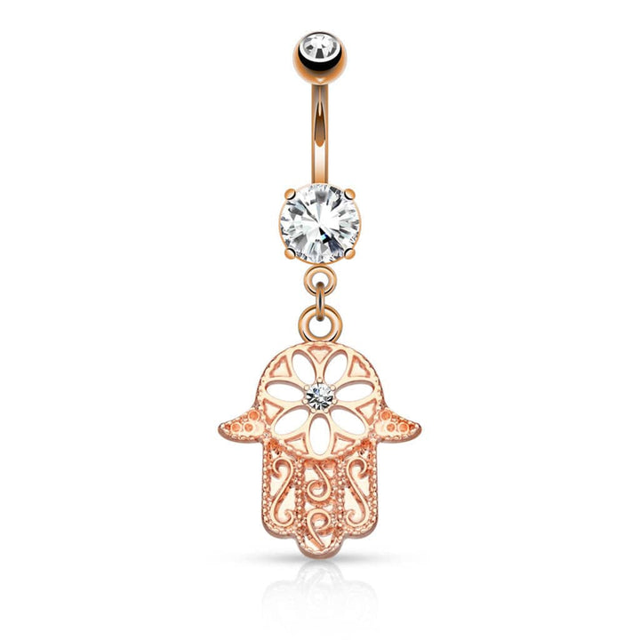 Surgical Steel Floral Hamsa Hand of Fatima CZ Dangling Belly Button Navel Ring - Pierced Universe