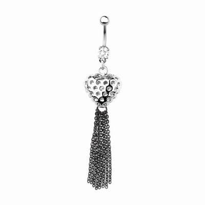 Surgical Steel Perforated Heart Tassel Chain Dangle Belly Ring - Pierced Universe