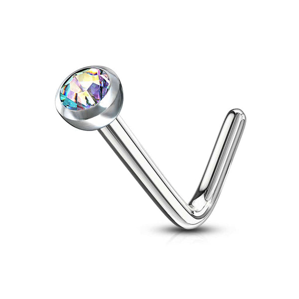 Surgical Steel Press Fit Aurora Borealis CZ Gem "L" Shape Nose Ring Pin - Pierced Universe