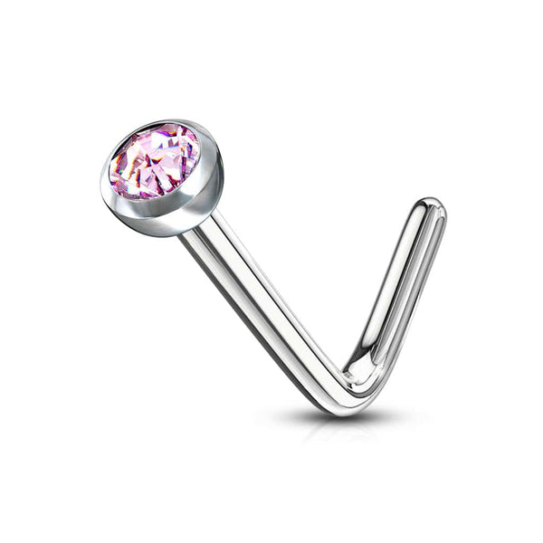 Surgical Steel Press Fit Pink CZ Gem "L" Shape Nose Ring Pin - Pierced Universe