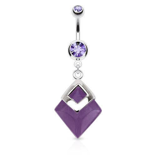 Surgical Steel Purple Amethyst Agate Semi Precious Organic Stone Belly Button Navel Ring Dangle - Pierced Universe