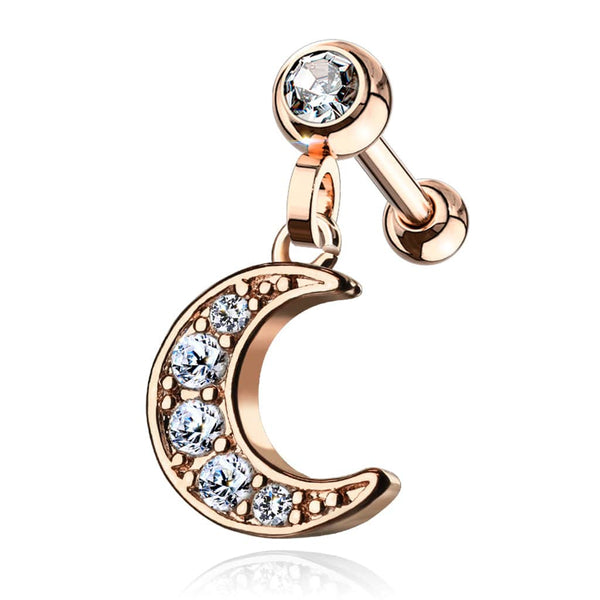 Surgical Steel Rose Gold Plated Ball Back Crescent Moon White CZ Dangle Cartilage Ring - Pierced Universe