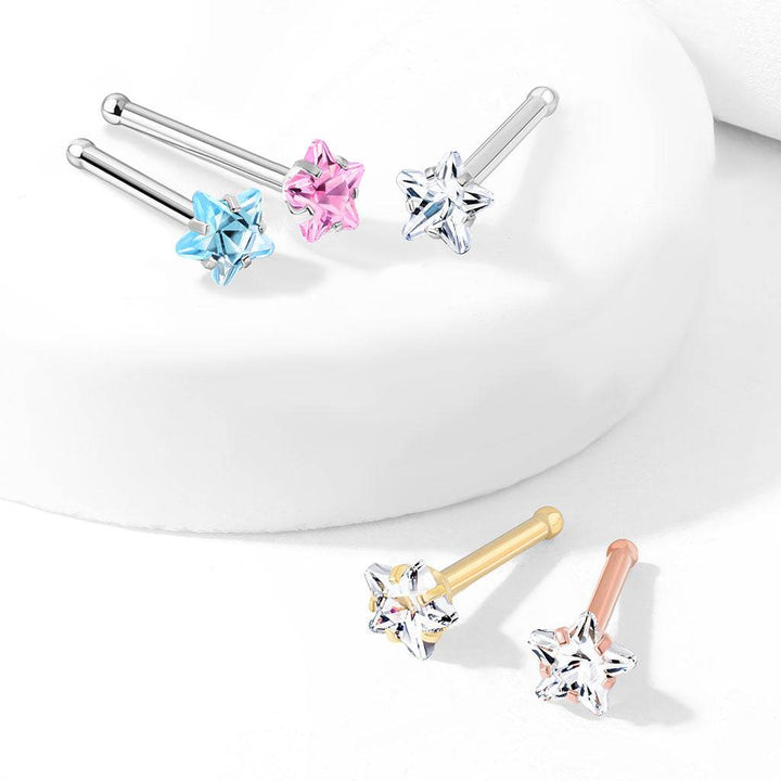 Surgical Steel Rose Gold PVD White CZ Star Ball End Nose Ring Stud - Pierced Universe