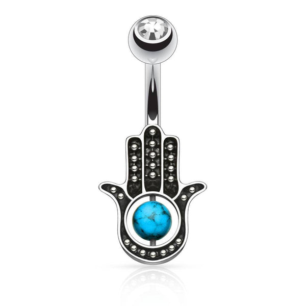 Surgical Steel Turquoise Palm Hamsa Hand of Fatima Belly Button Navel Ring - Pierced Universe
