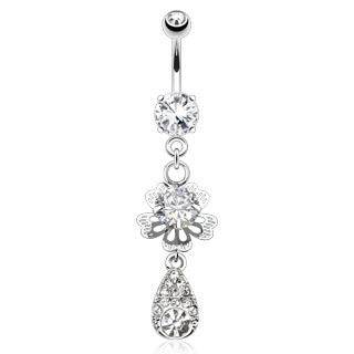 Surgical Steel White CZ Flower Dangling Belly Button Navel Ring - Pierced Universe