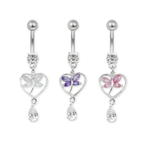 Surgical Steel White CZ Gem Crystal Butterfly Heart Dangle Belly Button Navel Ring - Pierced Universe