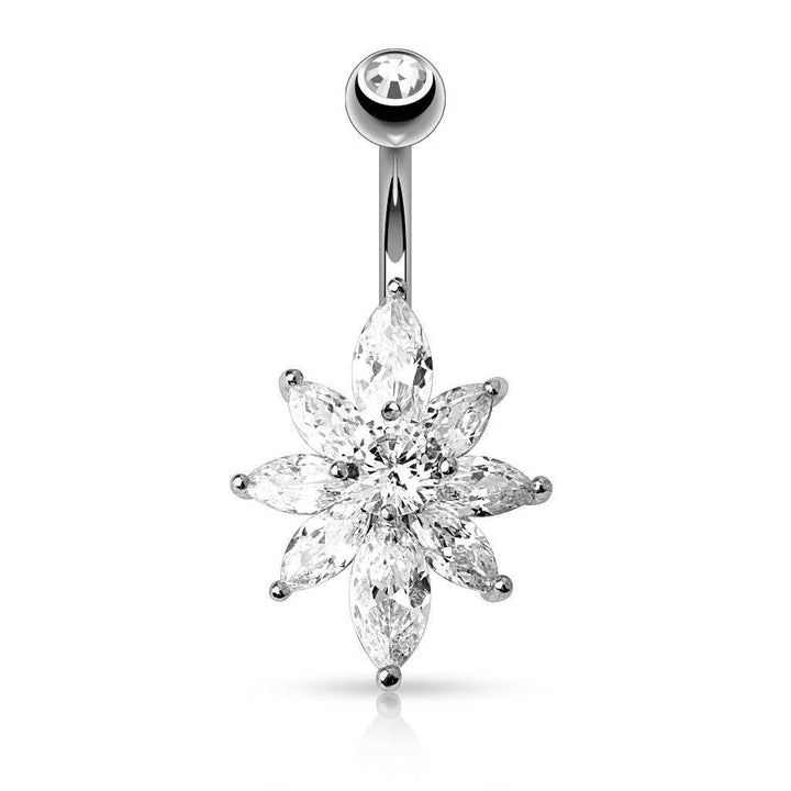 Surgical Steel White Flower Petal CZ Belly Button Navel Ring - Pierced Universe