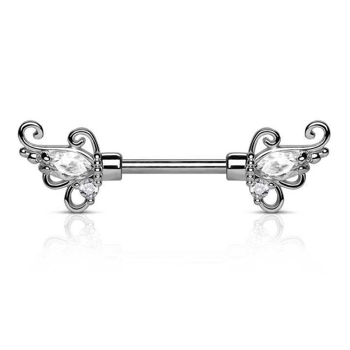 Surgical Steel Wing Filigree CZ Nipple Ring Barbell - Pierced Universe