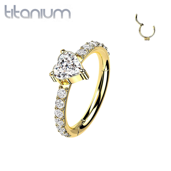 Implant Grade Titanium Gold PVD White CZ With Heart Shaped Center Hinged Clicker Hoop - Pierced Universe