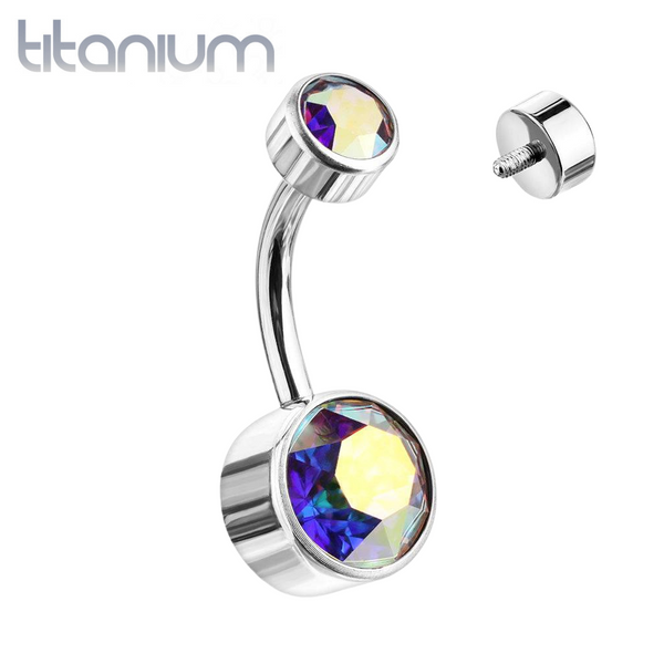 Internally Threaded Grade Titanium Bezel Aurora Borealis Gem Belly Ring - Pierced Universe