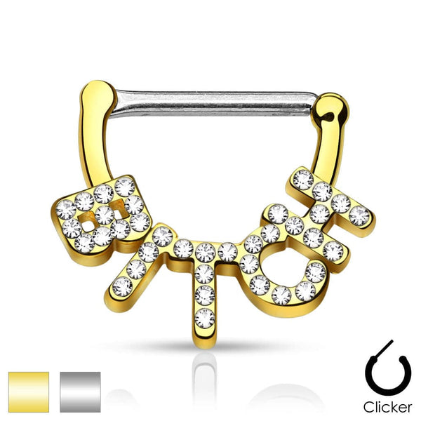 White CZ Paved "Bitch" 316L Surgical Steel Nipple Clickers Ring Shield - Pierced Universe